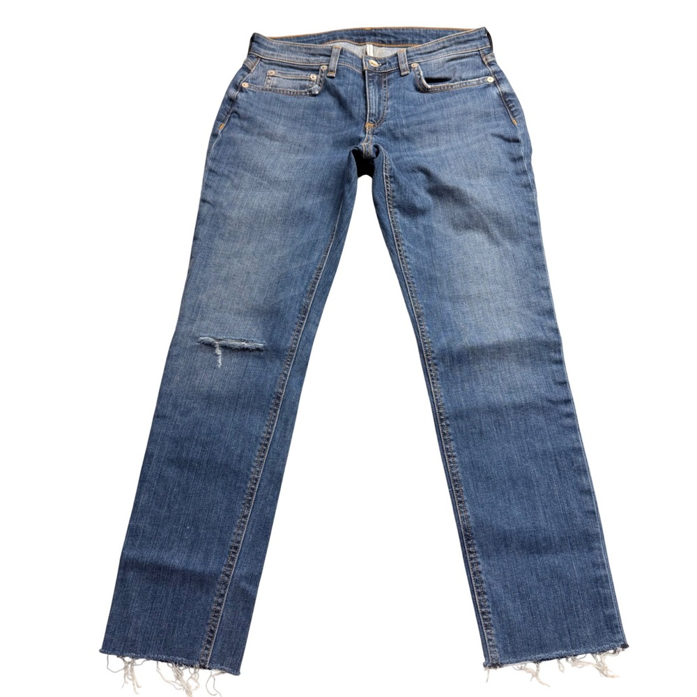 Rag & Bone Dre Low-Rise Slim Boyfriend Jeans Juni With Holes Blue 24 Raw Hem